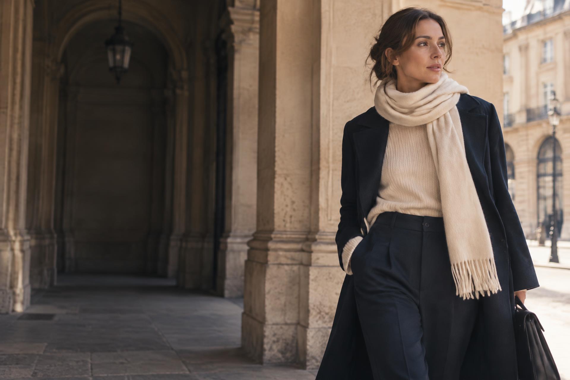 Silhouette en manteau marine et écharpe crème sous des arcades